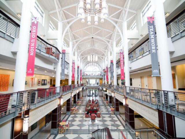 View from the second floor with banners, one says "Ohio Union" and the other says "teamwork."