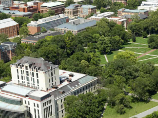 Arial view of the Columbus campus from the Oval to Thompson Library